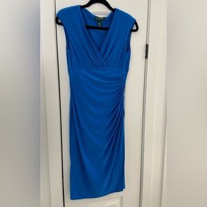 Lauren Ralph Lauren Cobalt Blue V‑Neck Ruched Midi Dress
